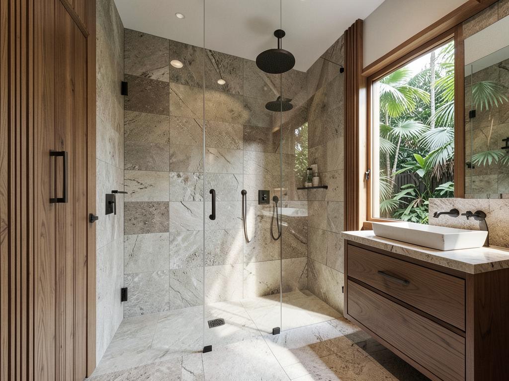 Baño de piedra de Ocean Melody 3 con ventana al bosque