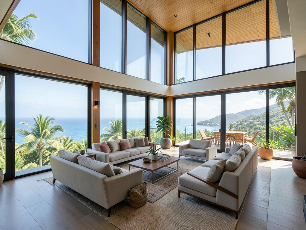 Salón de doble altura de Ocean Melody 3 con ventanal panorámico