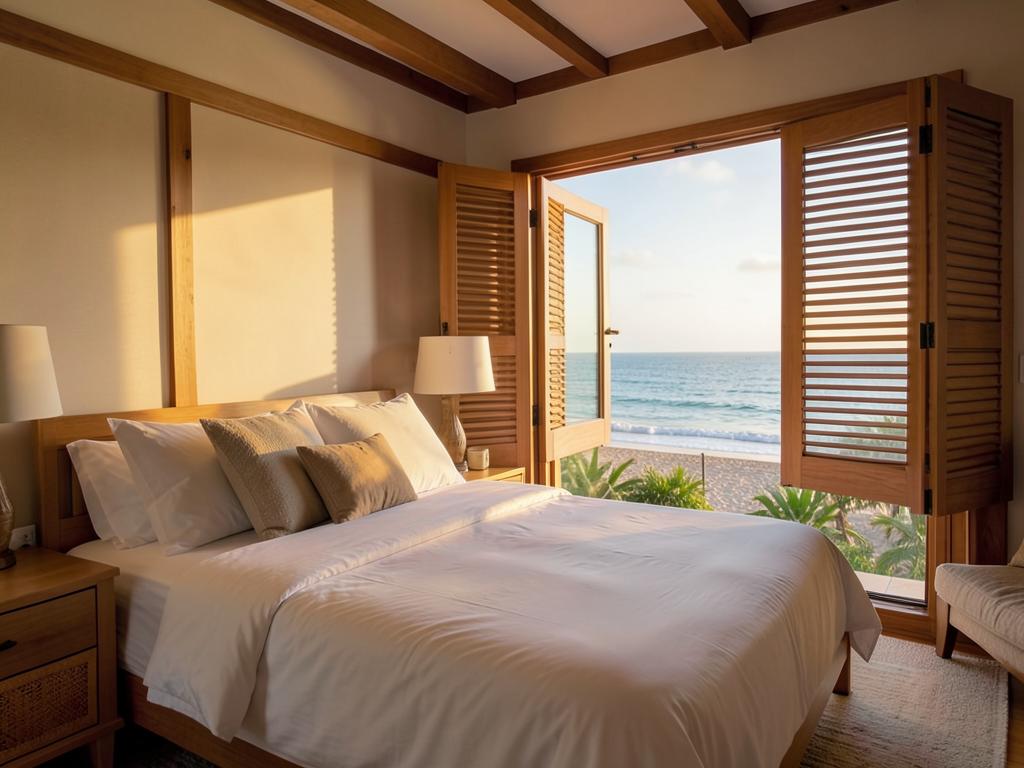 Habitación de Ocean Melody 4 con persianas de madera y vista al mar