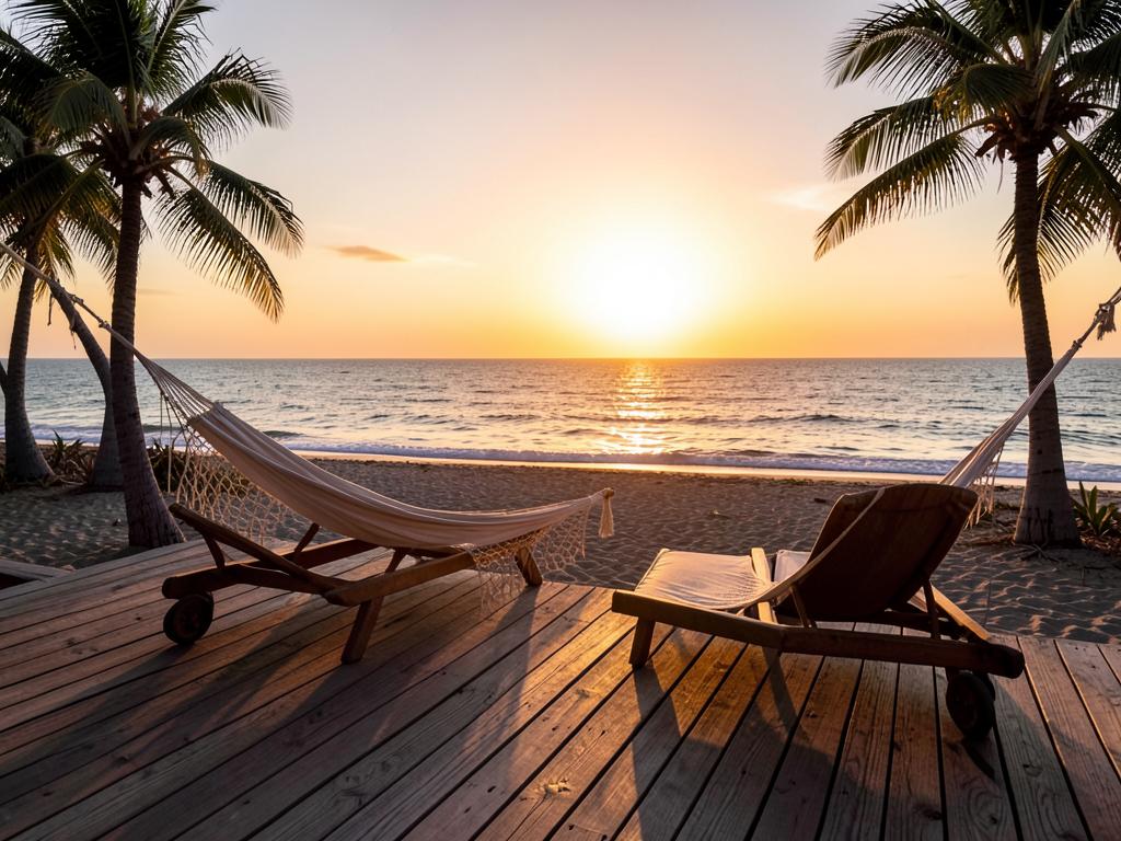 Deck de madera de Ocean Melody 4 con hamaca al atardecer