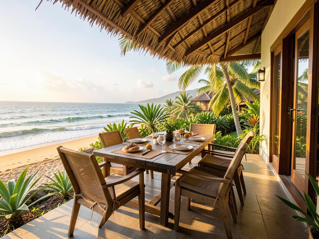 Terraza con comedor de Ocean Melody 4 frente a la playa
